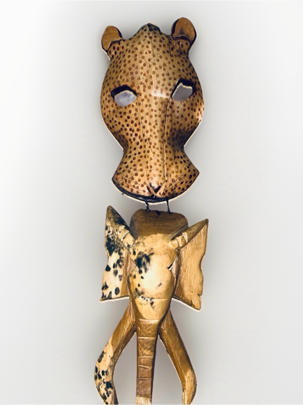 Wooden Hand Carved African Cheetah And Elephant Mask Hanging Wall Art